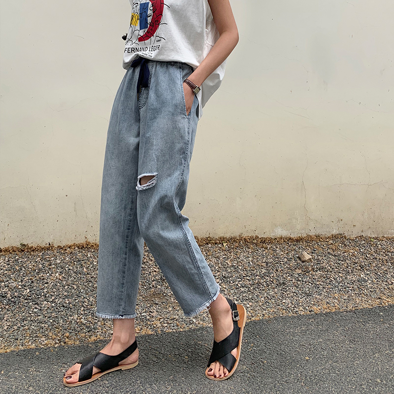 A7seven牛仔褲女九分韓版高腰顯瘦系帶毛邊百搭破洞休閑哈倫褲子