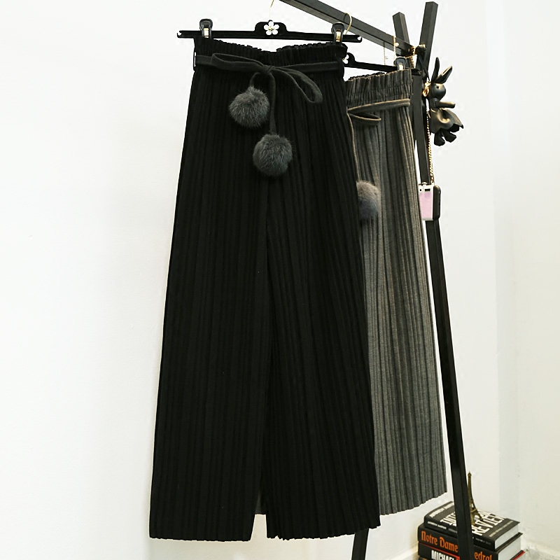 闊腿褲秋冬新款松緊腰寬松呢子百褶褲女 春季九分休閑褲毛呢褲子