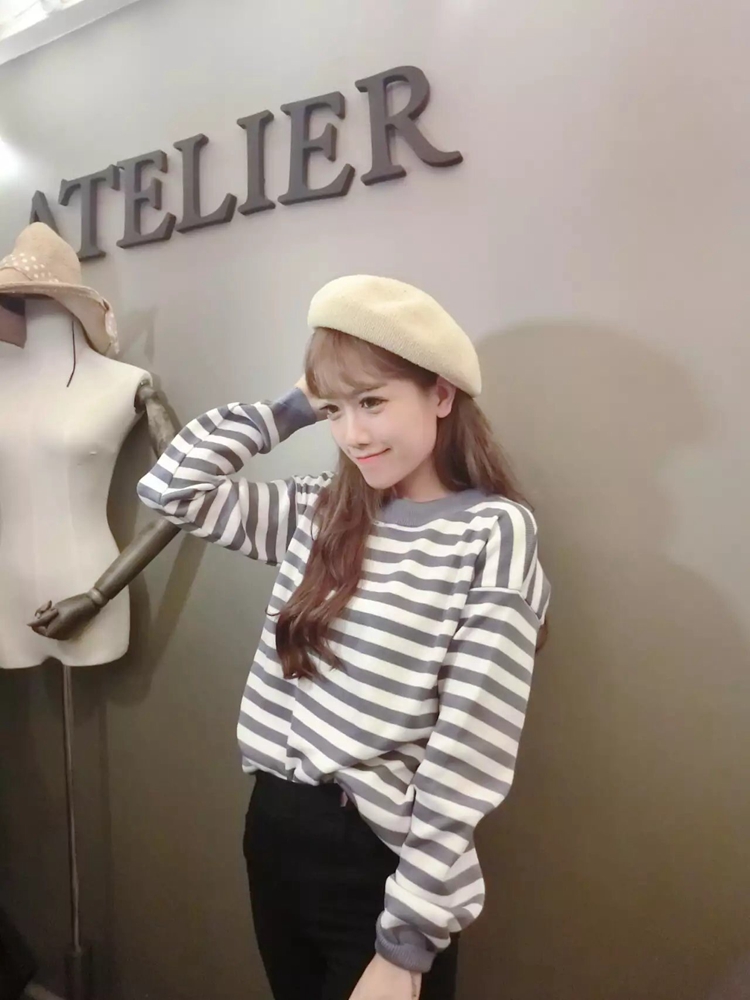 黑白條紋針織衫女長袖上衣圓領學生寬松韓版秋冬毛衣打底衫潮