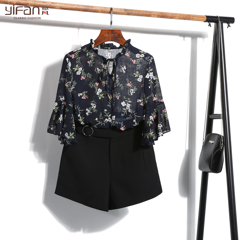 春夏寬松顯瘦七分袖百搭女裝上衣喇叭袖碎花雪紡上衣印花雪紡衫女