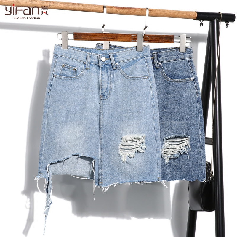 夏季新款個性百搭高腰牛仔裙破洞包臀裙不規則做舊磨白半身裙短裙